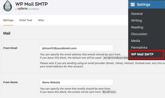 A computer screen with WP Mail SMTP plugin settings