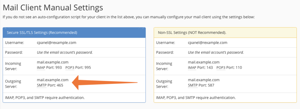 A cPanel SMTP setup page