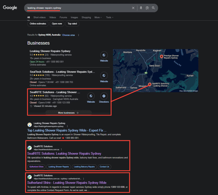 Google search results showing SealRITE Solutions ranking in Sydney for “leaking shower repairs,” with highlighted listings and map location. Mobile SEO Sydney