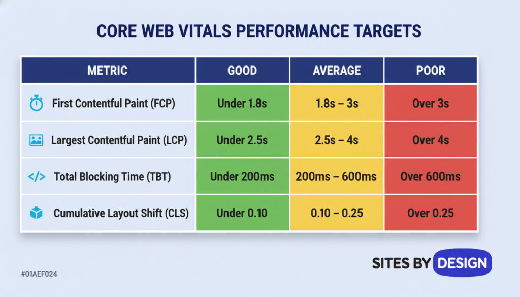 Infographic showing Core Web Vitals performance targets for FCP, LCP, TBT, and CLS, to aim for with mobile SEO created by Sites By Design.