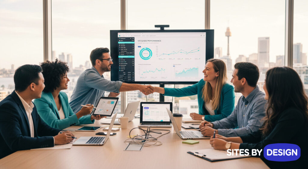 A digital marketing team in a Sydney office celebrating a successful strategy presentation, with two team members shaking hands across the table while performance analytics are displayed on a screen. Choosing the right full service digital marketing agency in Sydney is a make or break decision