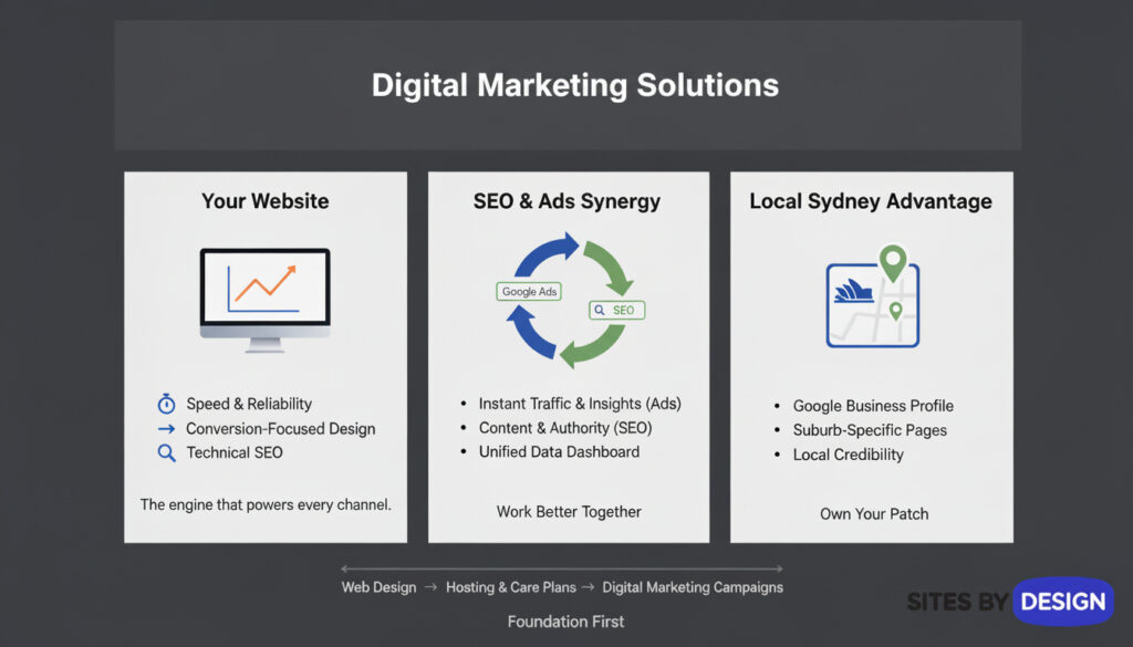 Infographic showing Sites By Design’s digital marketing solutions with three pillars: Website performance, SEO and Ads synergy, and Local Sydney advantage, highlighting speed, authority, and local visibility that comes from working with a full service digital marketing agency in Sydney