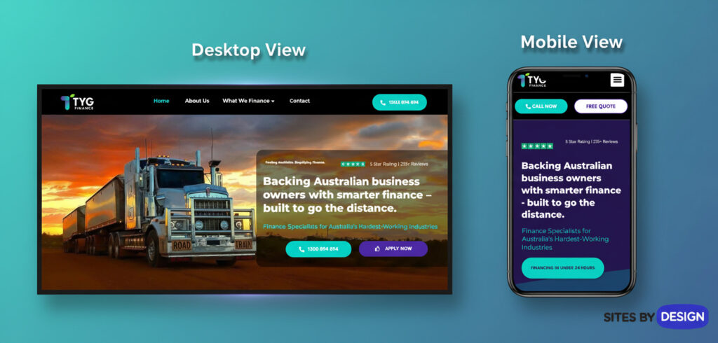 Side-by-side comparison of TYG Finance website showing desktop and mobile views, highlighting responsive design and layout consistency implemented by Sites By Design through mobile SEO