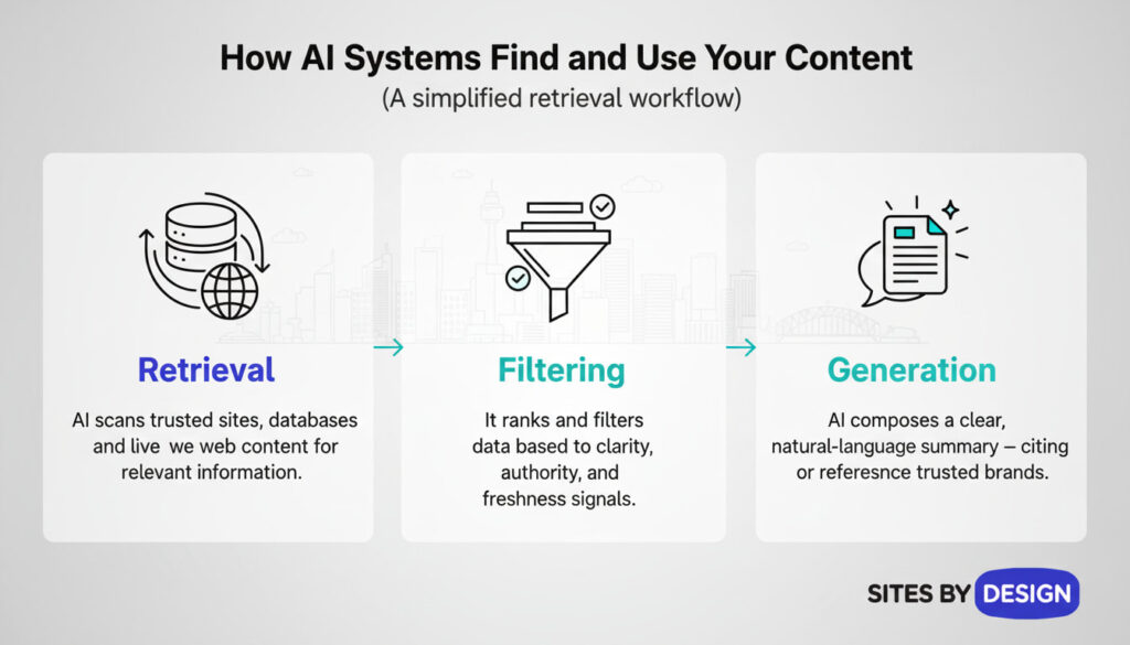 Infographic showing how AI systems retrieve, filter, and generate answers using trusted web content - representing the Retrieval-Augmented Generation (RAG) process for SEO visibility.