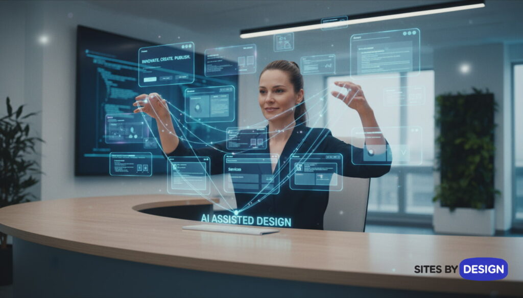 Conceptual image representing the future of web design, showing a web designer guiding AI-generated website elements with subtle digital strings to symbolise human creativity directing artificial intelligence.